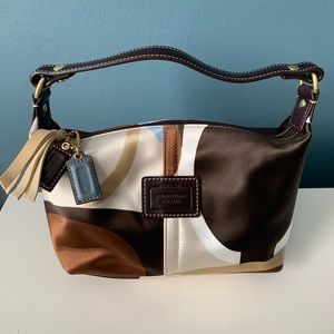 Authentic Coach Satin Multi-color Handbag with Brown Leather Handle